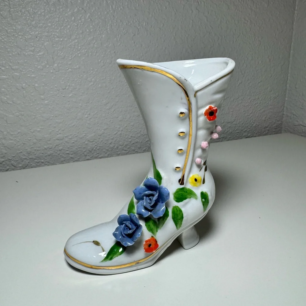Vintage Floral Embellished White‎ Boot Vase